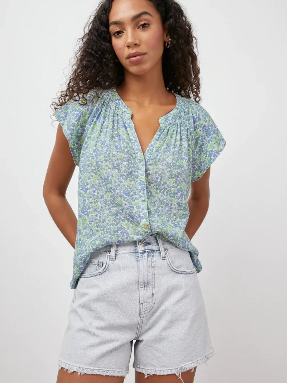 Rails Alena Blue Green Wildflower Linen Flutter Sleeve Top Cottagecore Barbie